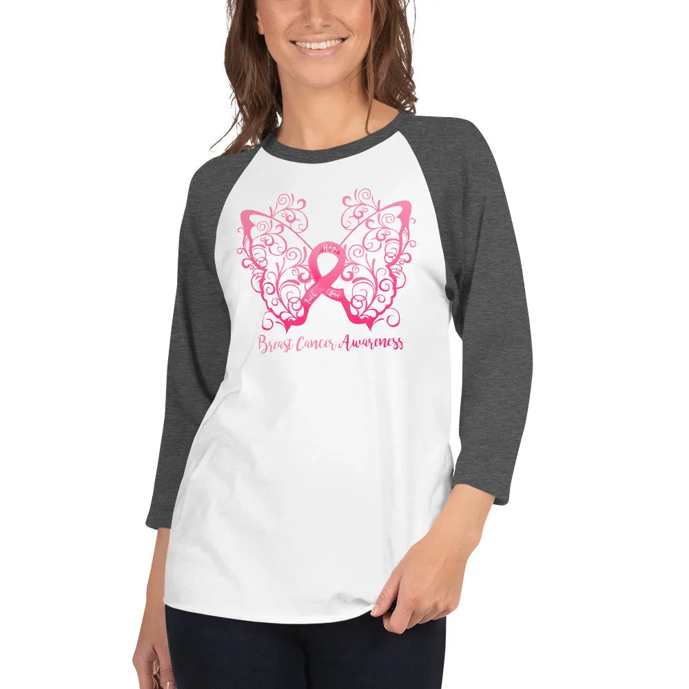 Breast Cancer Awareness Filigree Butterfly 3/4 Sleeve Raglan Shirt