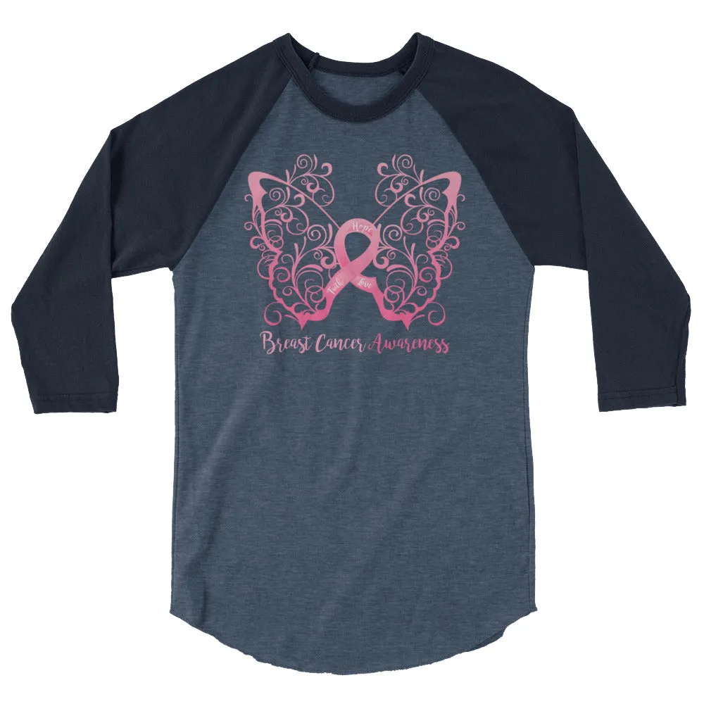 Breast Cancer Awareness Filigree Butterfly 3/4 Sleeve Raglan Shirt