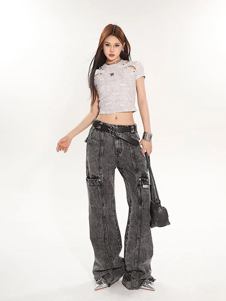 Full-Length Washed And Distressed Straight-Leg Jeans