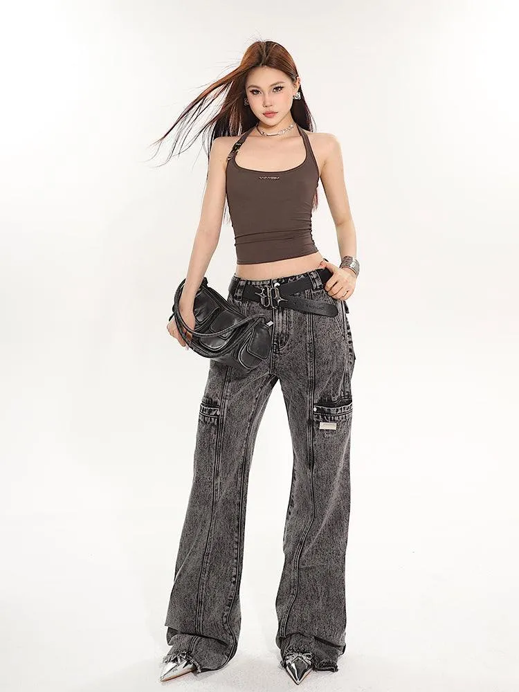 Full-Length Washed And Distressed Straight-Leg Jeans