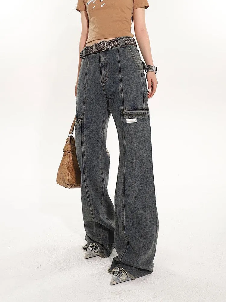 Full-Length Washed And Distressed Straight-Leg Jeans