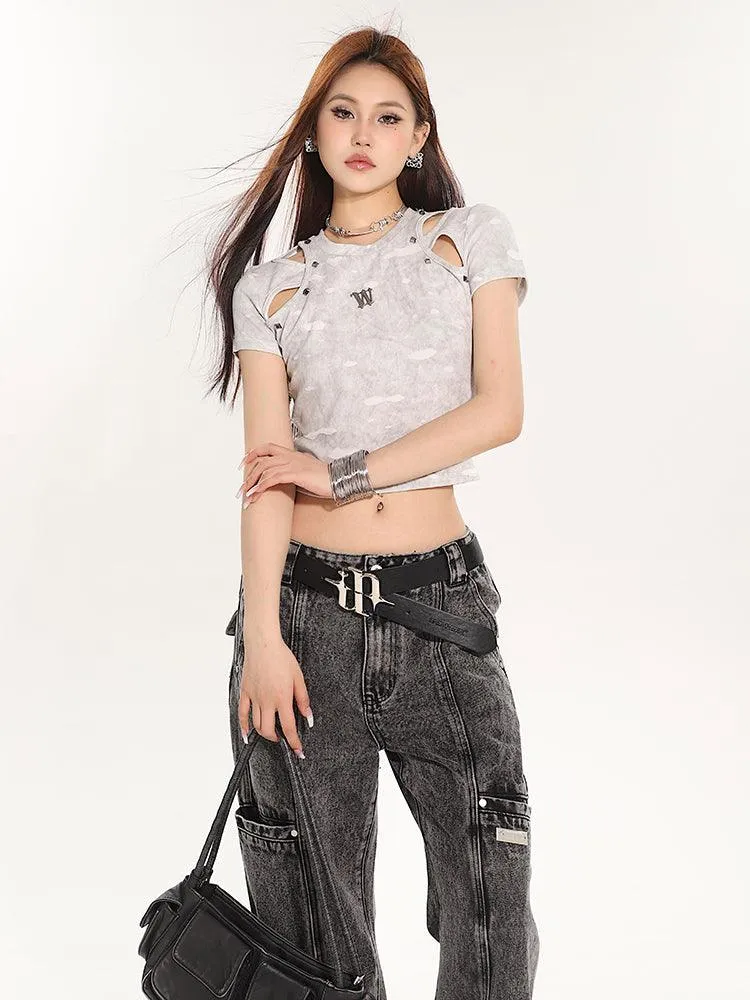 Full-Length Washed And Distressed Straight-Leg Jeans