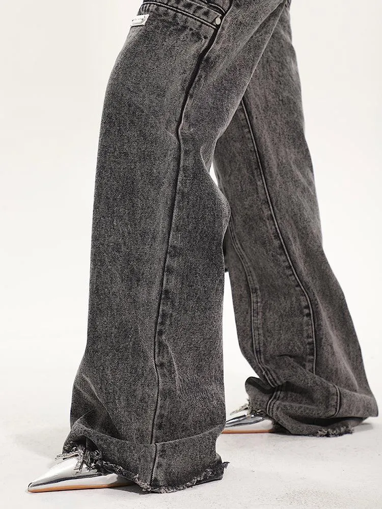 Full-Length Washed And Distressed Straight-Leg Jeans