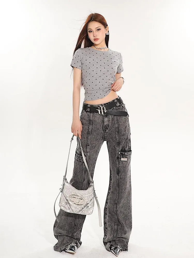 Full-Length Washed And Distressed Straight-Leg Jeans