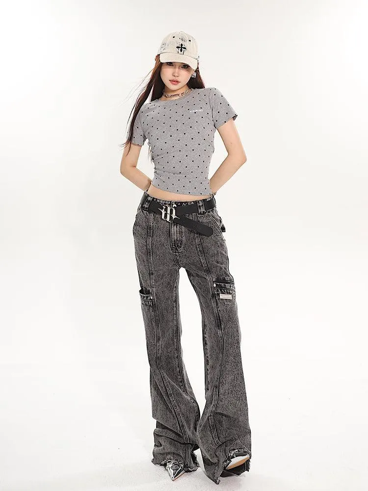 Full-Length Washed And Distressed Straight-Leg Jeans