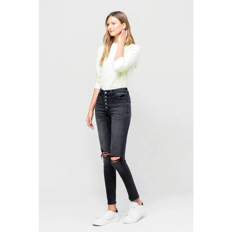 HIGH RISE DISTRESSED BUTTON FLY ANKLE SKINNY