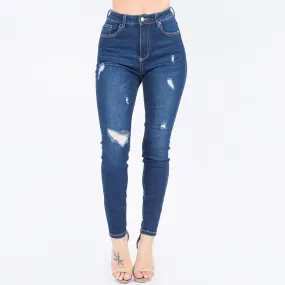 High Rise Distressed Dark Blue Jeans