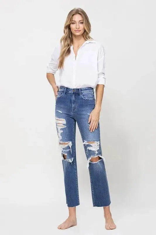 High Rise Straight Distressed Jeans