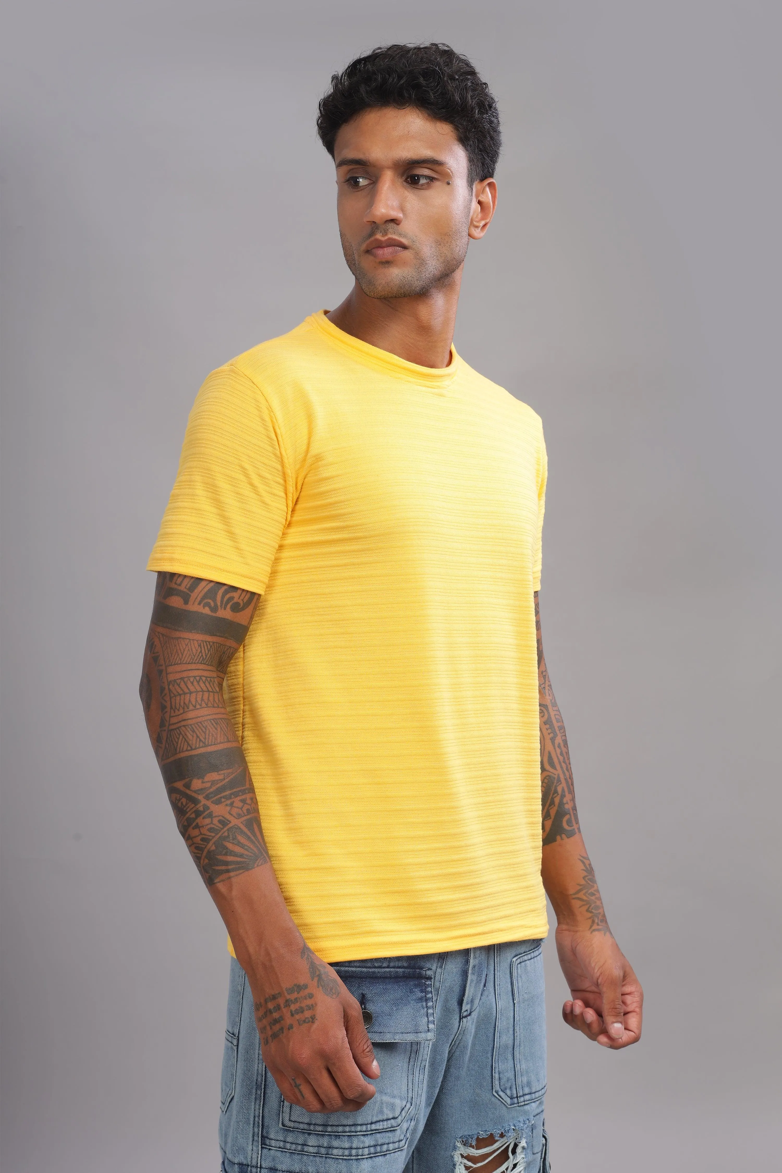 Lemon Lion Textured Half Sleeve Round Neck T-Shirt