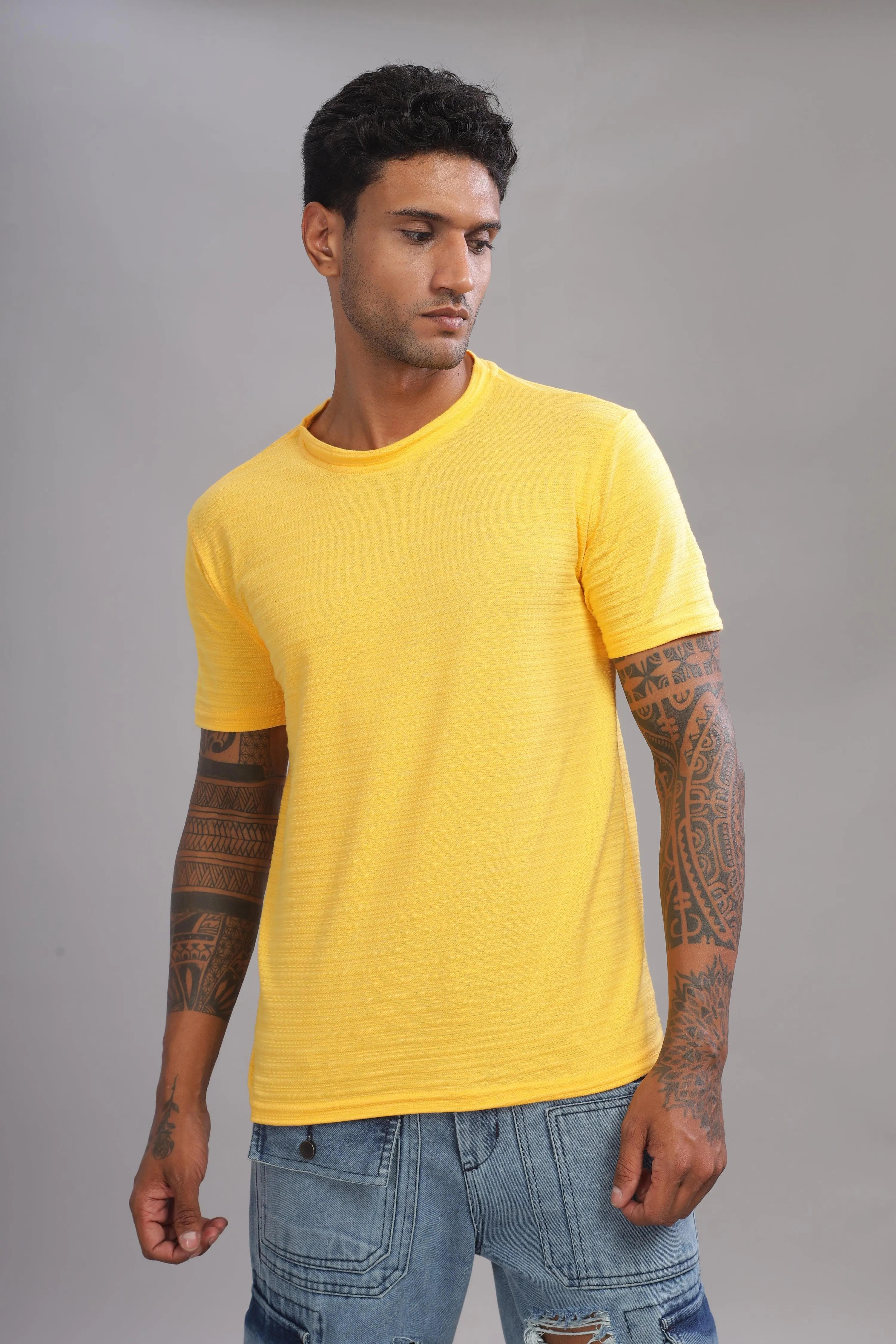 Lemon Lion Textured Half Sleeve Round Neck T-Shirt