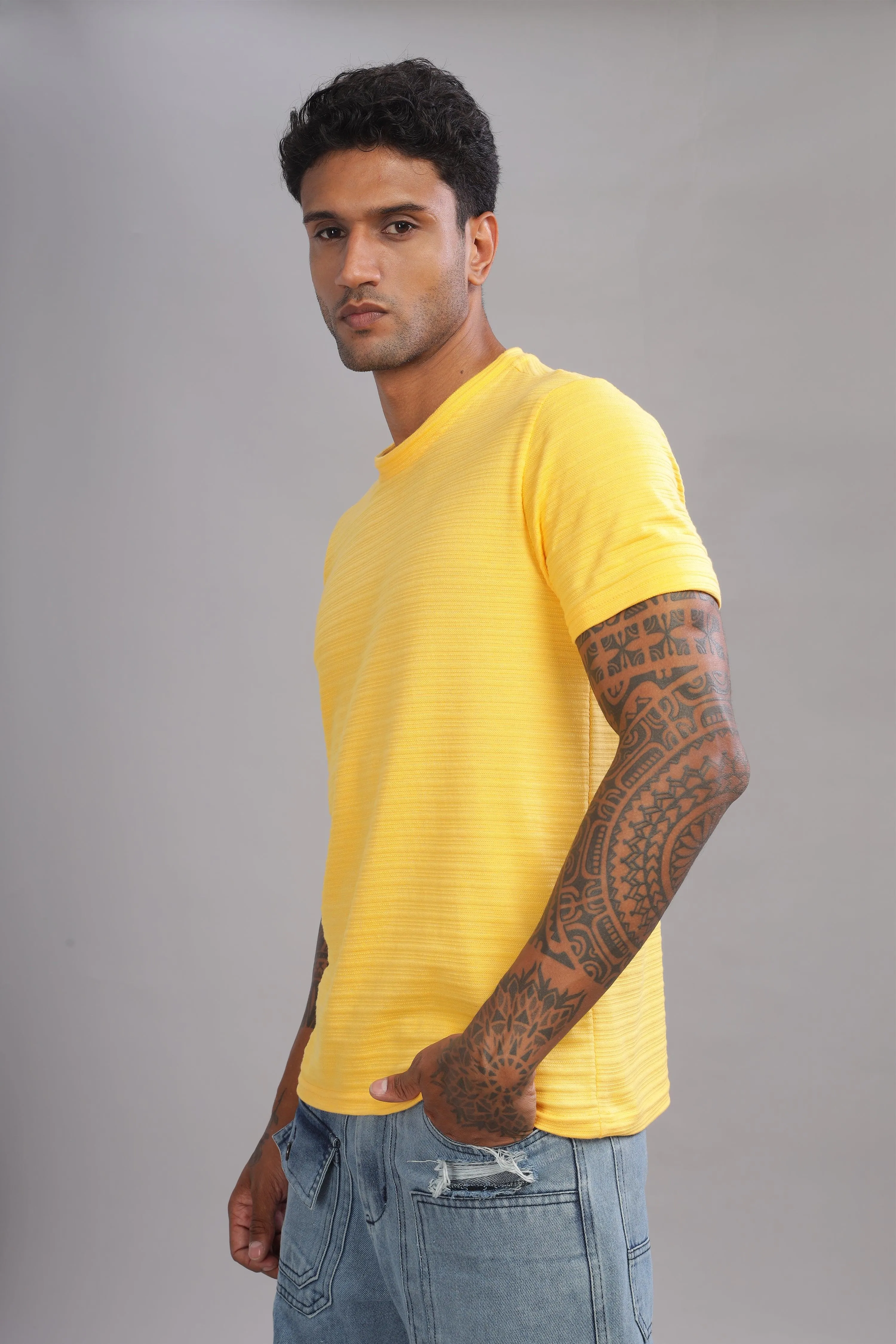 Lemon Lion Textured Half Sleeve Round Neck T-Shirt