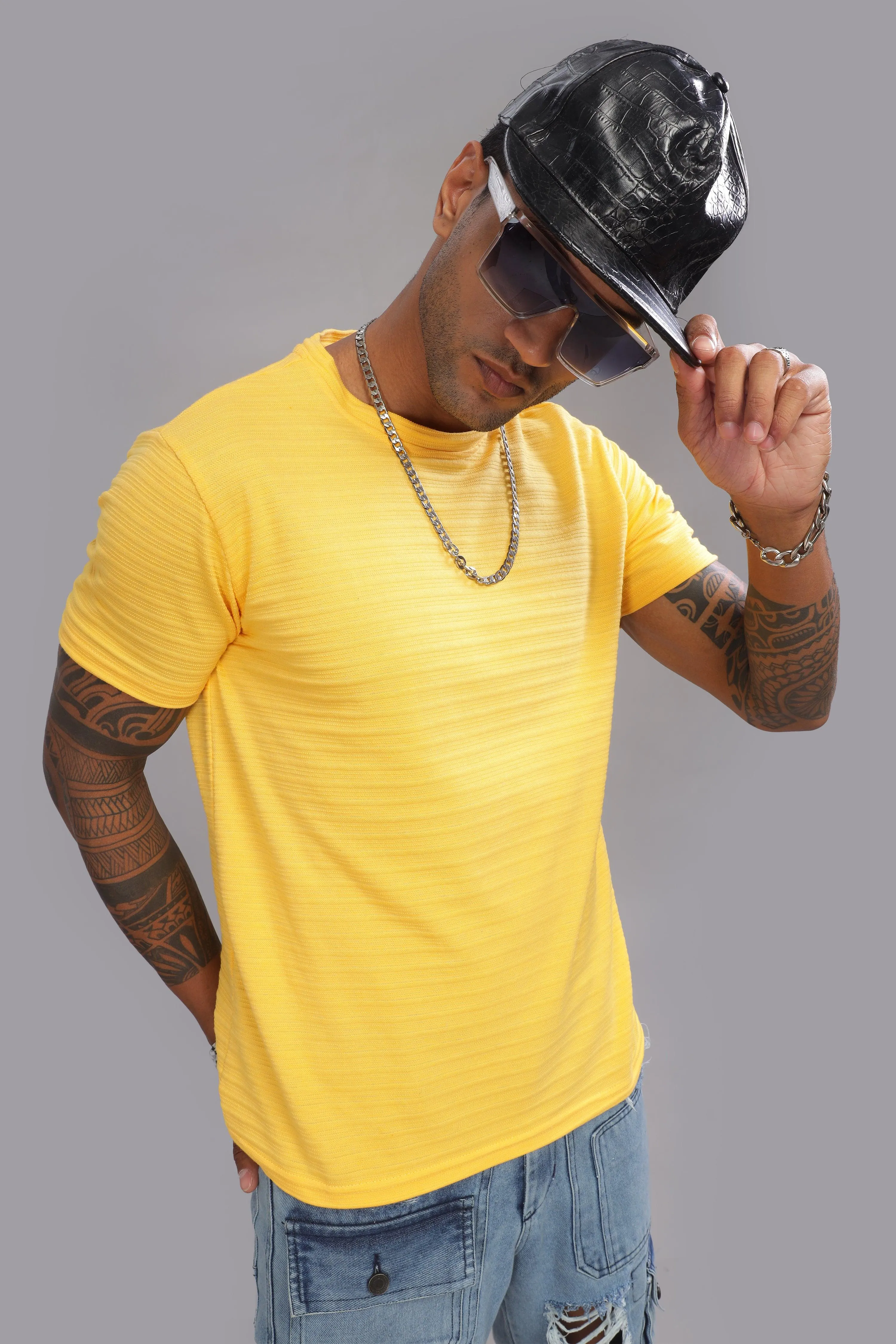 Lemon Lion Textured Half Sleeve Round Neck T-Shirt