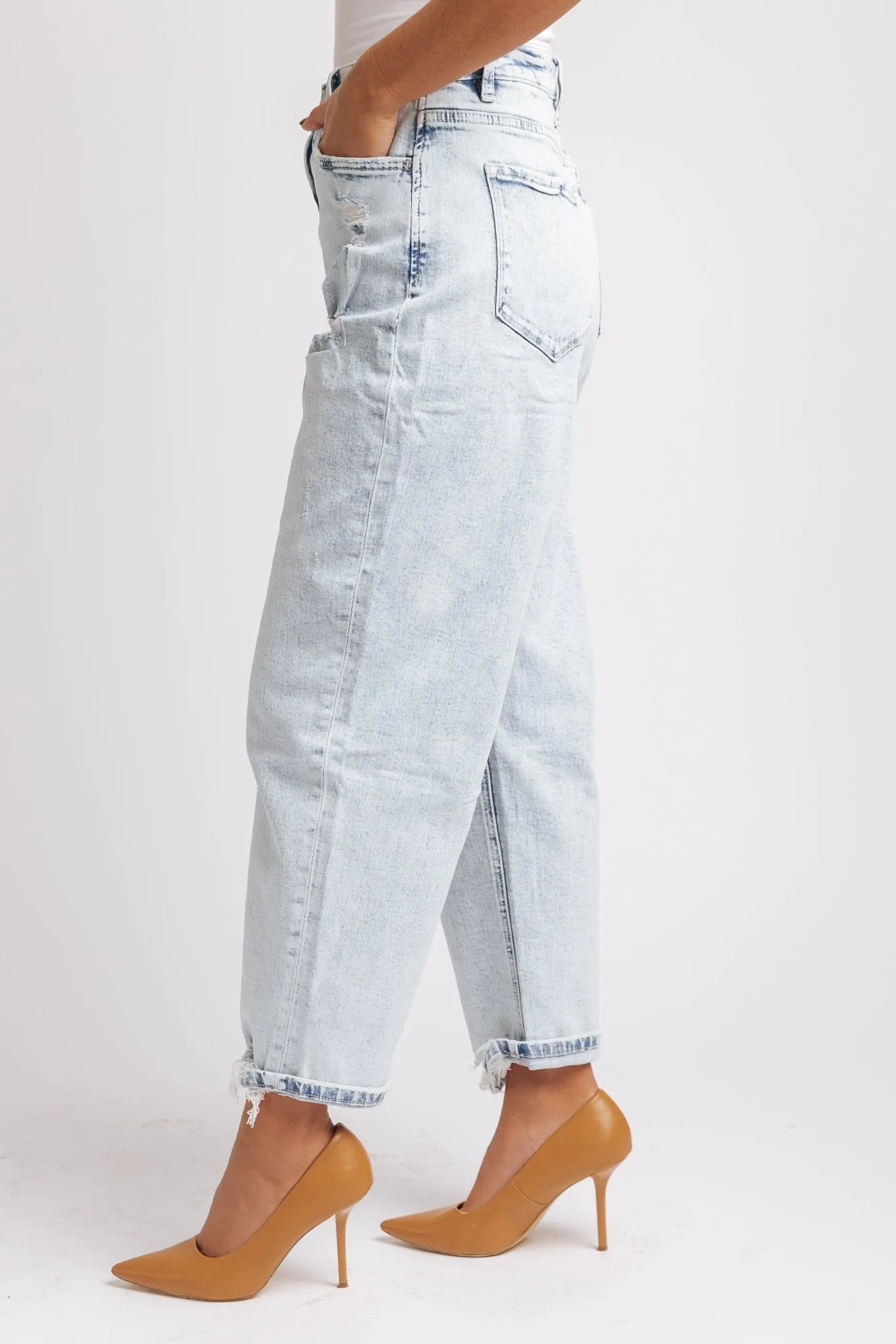 Light Wash Distressed Barrel Leg Jeans - FINAL SALE