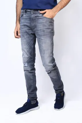 Men Grey Rip & Repair Stretch Denim Jean