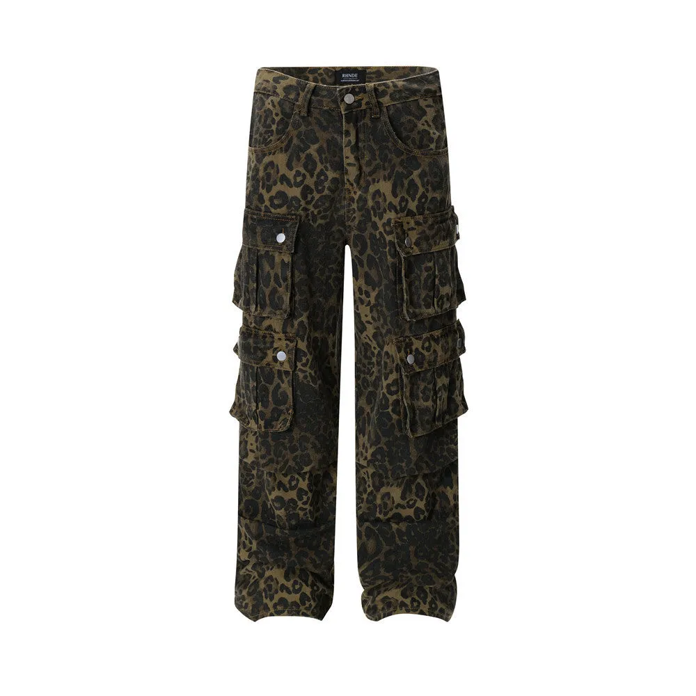 Men's Punk Distressed Pleated Leopard Jeans