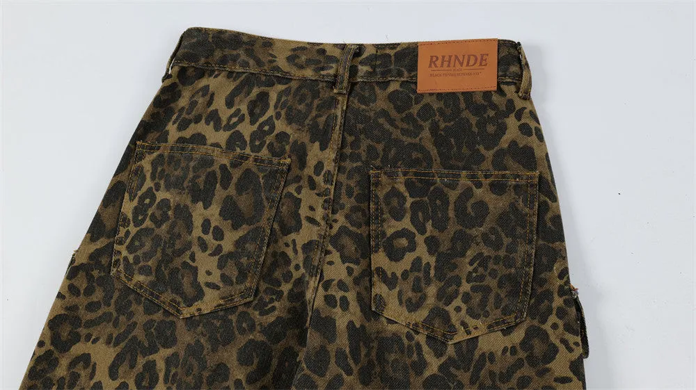 Men's Punk Distressed Pleated Leopard Jeans