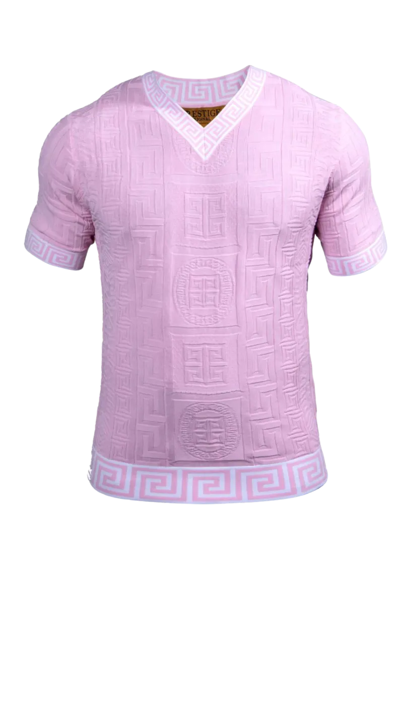 Prestige Pink Men's V-Neck T-Shirts Greek key Collar and Sleeves Fashion Style