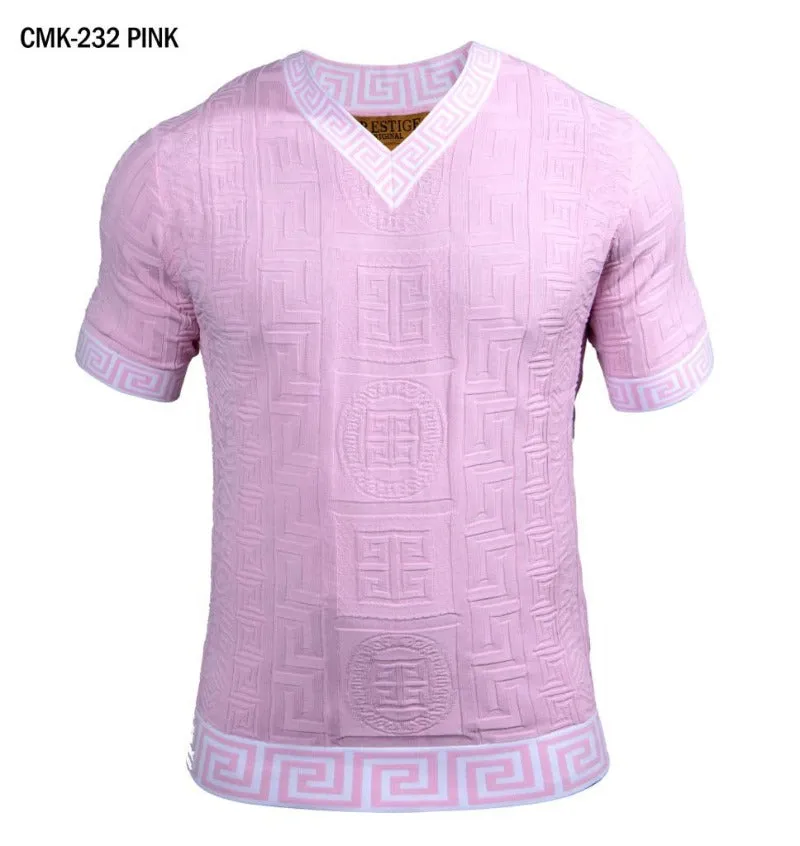 Prestige Pink Men's V-Neck T-Shirts Greek key Collar and Sleeves Fashion Style