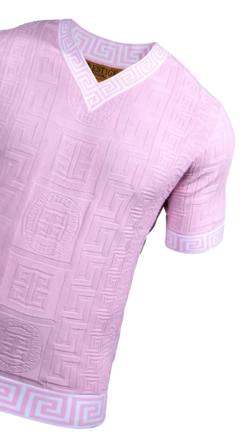 Prestige Pink Men's V-Neck T-Shirts Greek key Collar and Sleeves Fashion Style