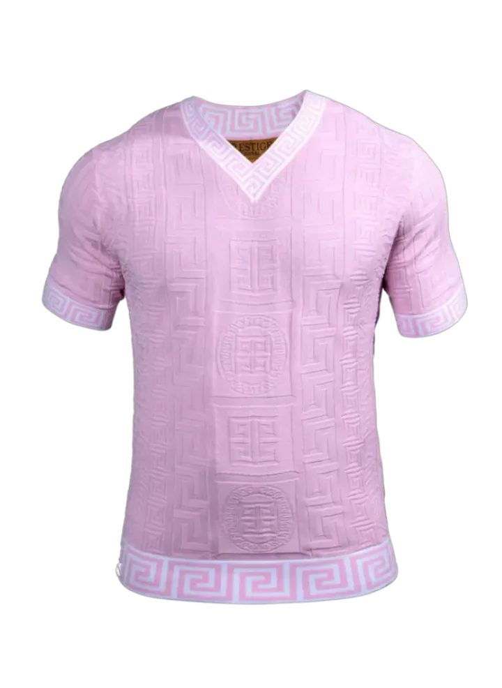 Prestige Pink Men's V-Neck T-Shirts Greek key Collar and Sleeves Fashion Style