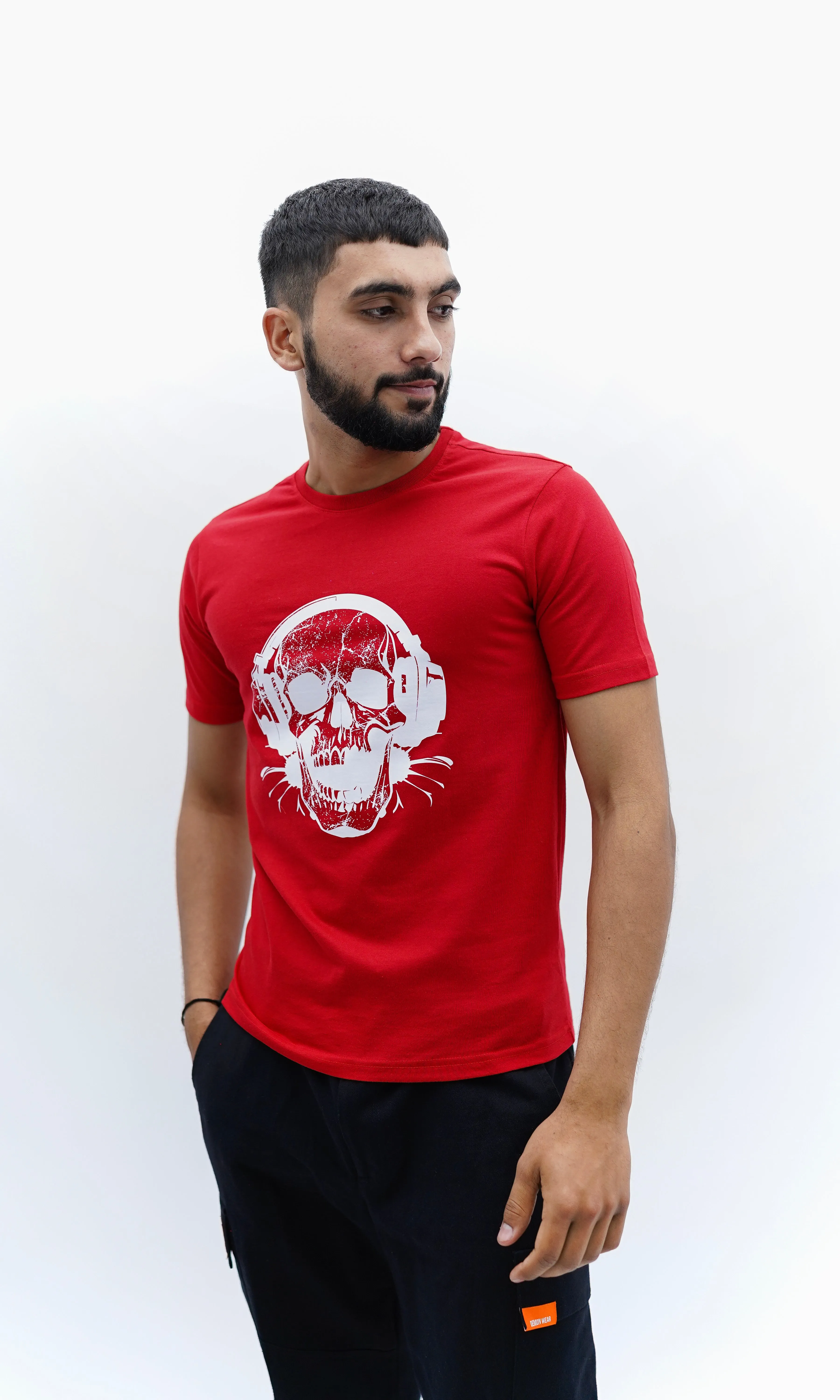 "Headphone Skull" Relaxed Red T-Shirt By DemonWear for Him