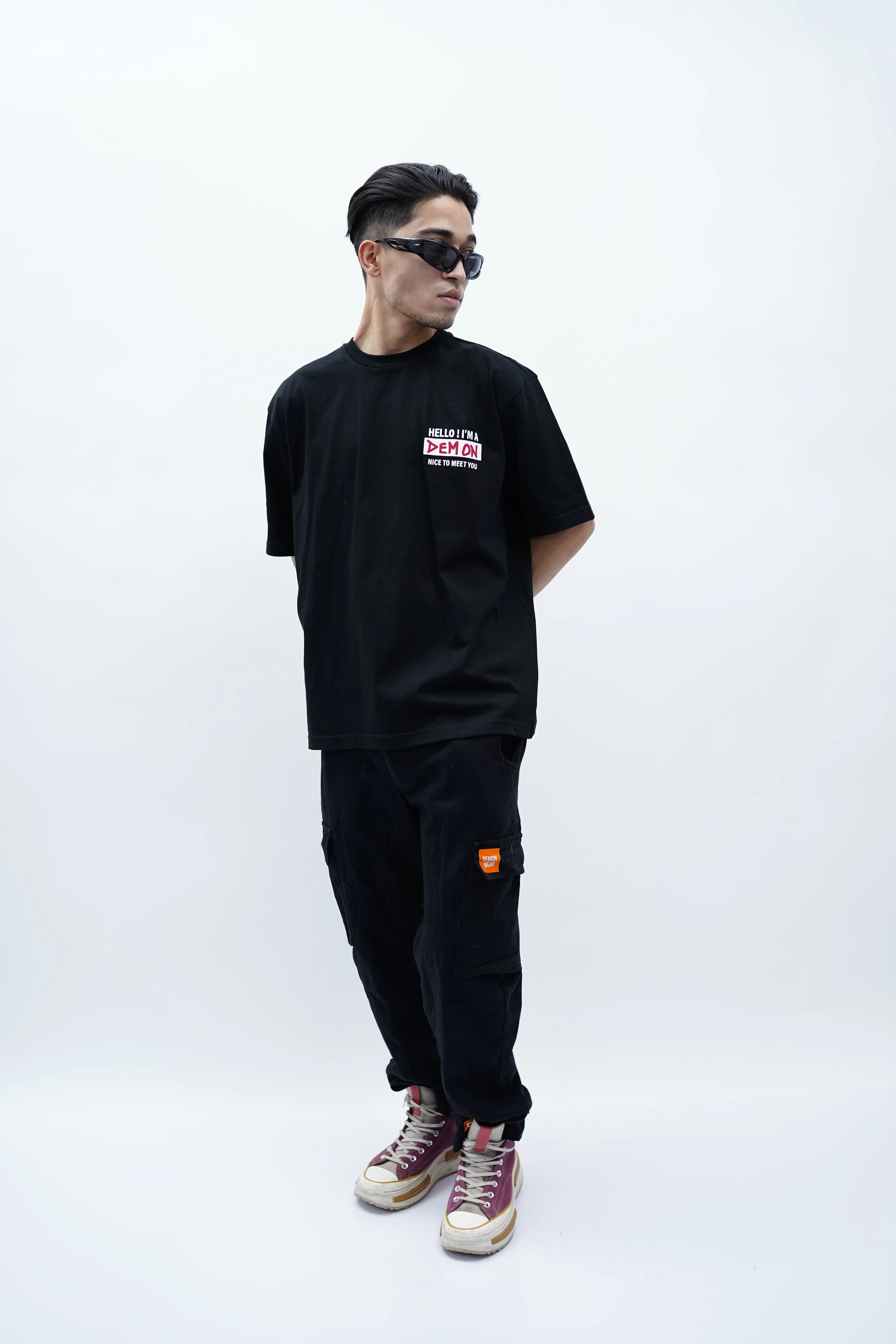 "Hello I'm Demon" Oversized Puff Print Black T-Shirt By DemonWear for Him