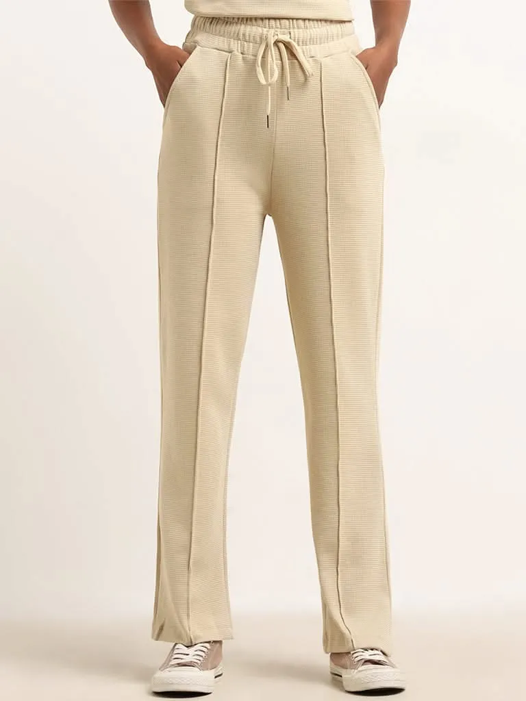 Studiofit Beige Waffle Textured Cotton High Rise Track Pants