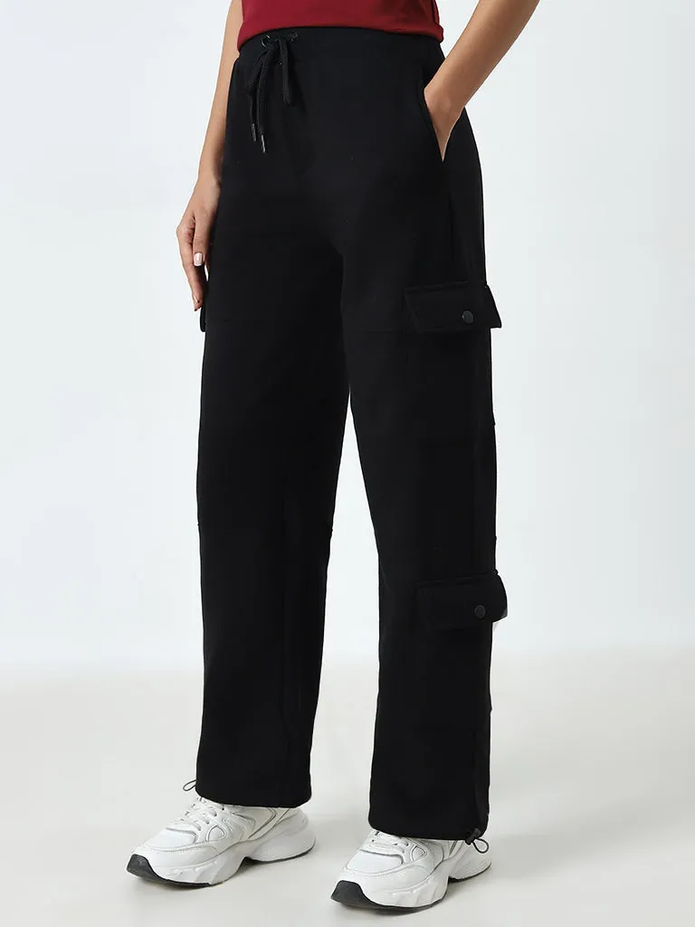 Studiofit Black Cargo-Style High-Rise Cotton Track Pants