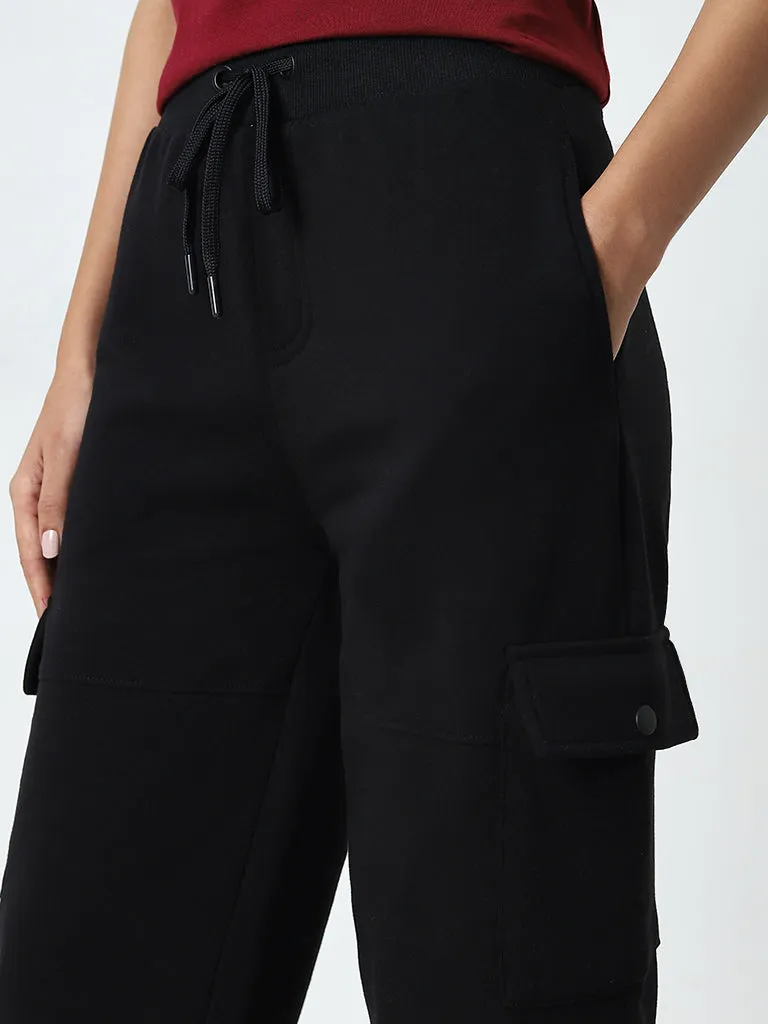 Studiofit Black Cargo-Style High-Rise Cotton Track Pants