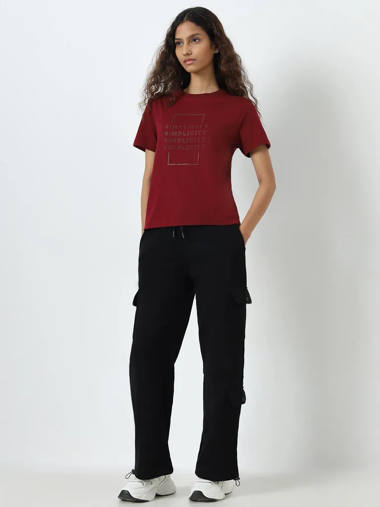 Studiofit Black Cargo-Style High-Rise Cotton Track Pants