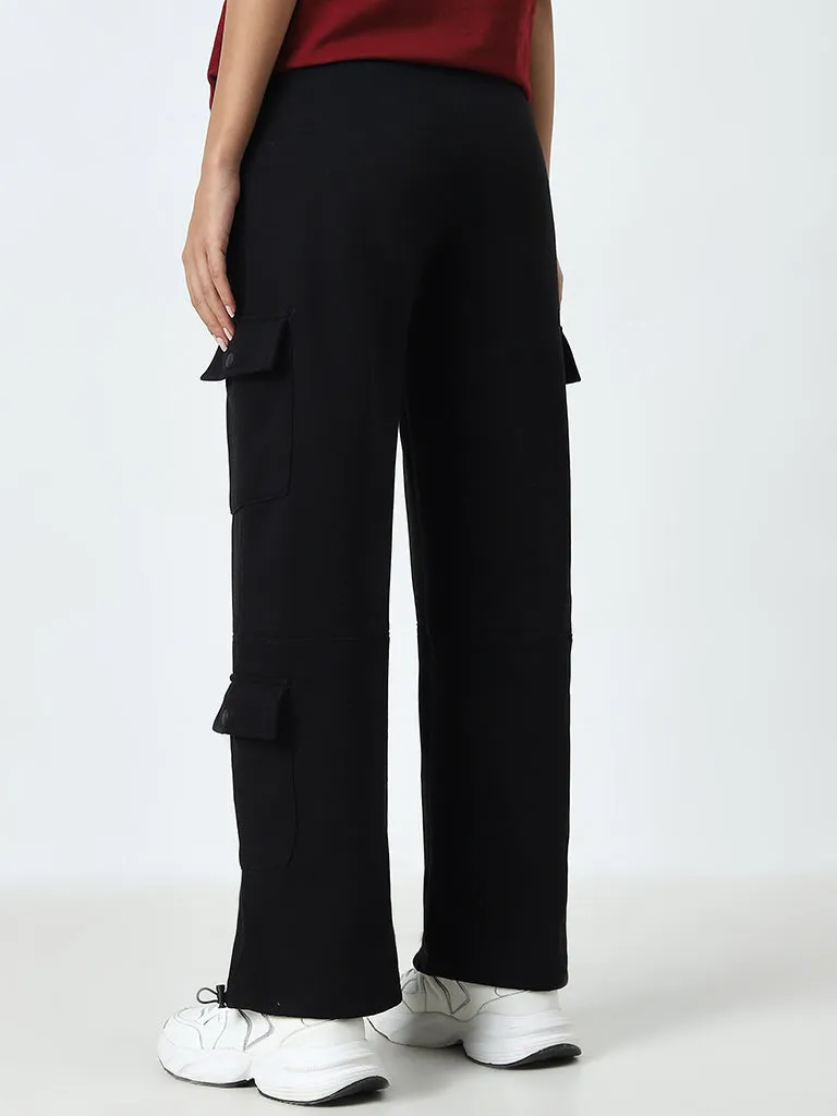 Studiofit Black Cargo-Style High-Rise Cotton Track Pants