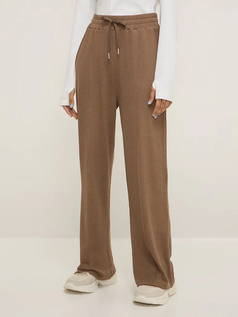 Studiofit Brown Self-Textured High-Rise Track Pants