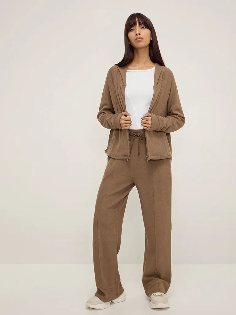 Studiofit Brown Self-Textured High-Rise Track Pants