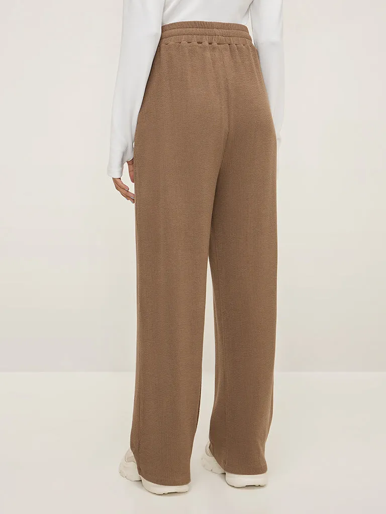 Studiofit Brown Self-Textured High-Rise Track Pants