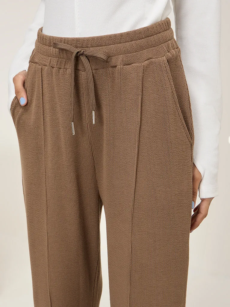 Studiofit Brown Self-Textured High-Rise Track Pants