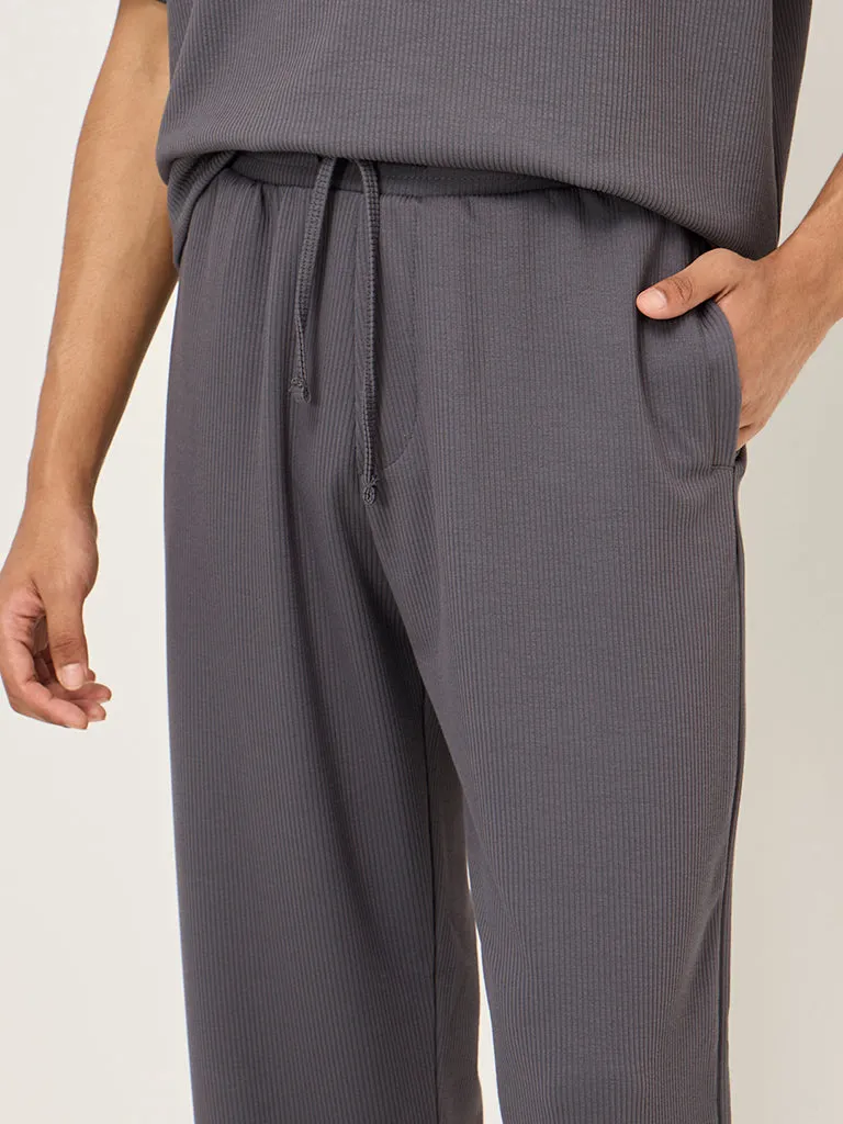 Studiofit Dark Grey Ribbed-Textured Relaxed-Fit Mid-Rise Track Pants