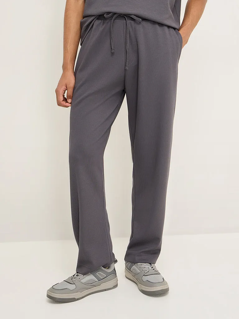 Studiofit Dark Grey Ribbed-Textured Relaxed-Fit Mid-Rise Track Pants