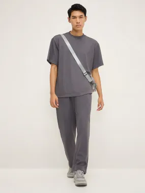 Studiofit Dark Grey Ribbed-Textured Relaxed-Fit Mid-Rise Track Pants